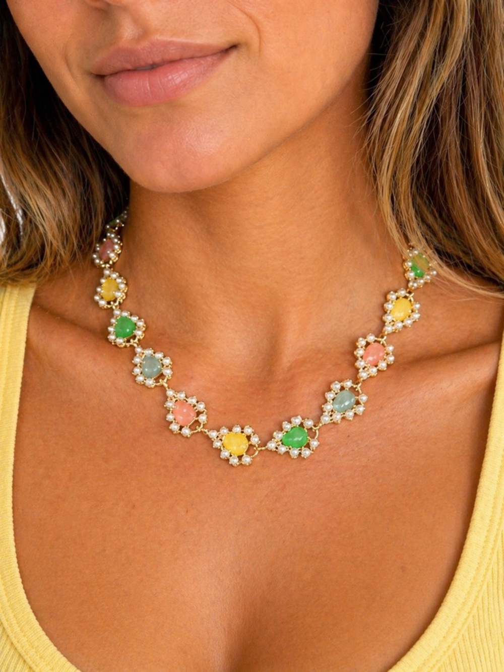 Colorful Floral Cabochon & Faux Pearl Gold Tone Pastel Statement Necklace 18-22"